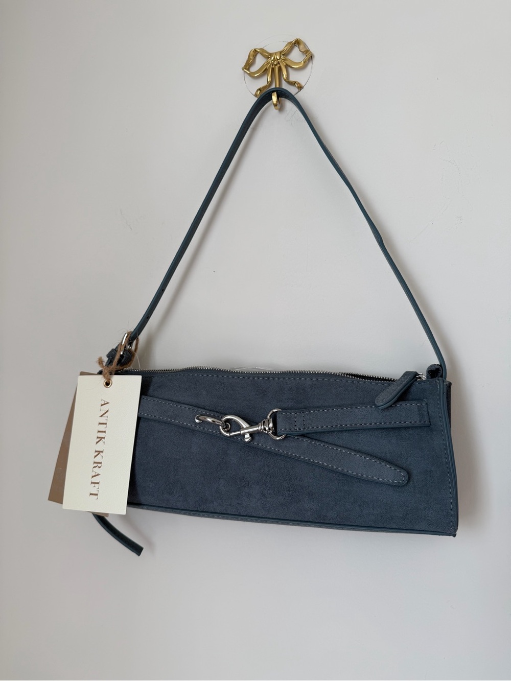 Slate Blue Suede Shoulder Bag with Silver clasp Hardware